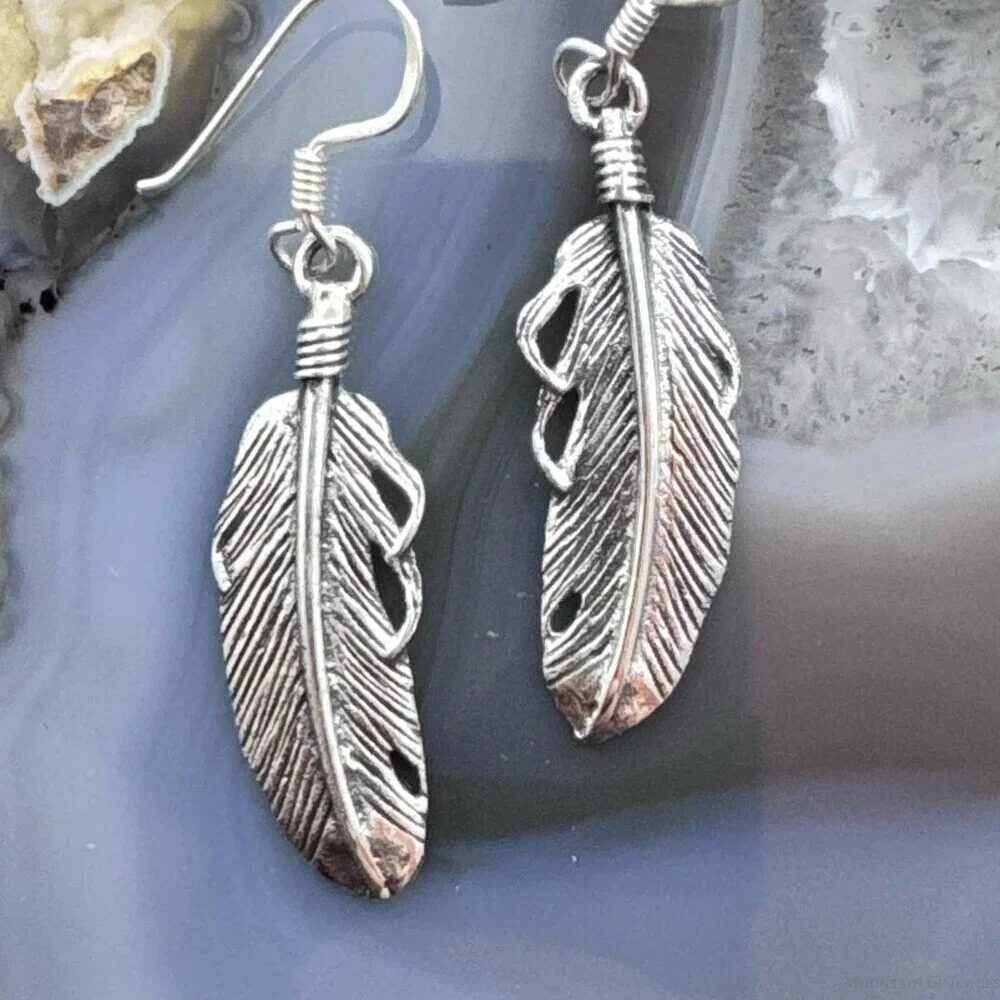 Sterling Silver Southwestern Style Feather Dangle Earrings For Women